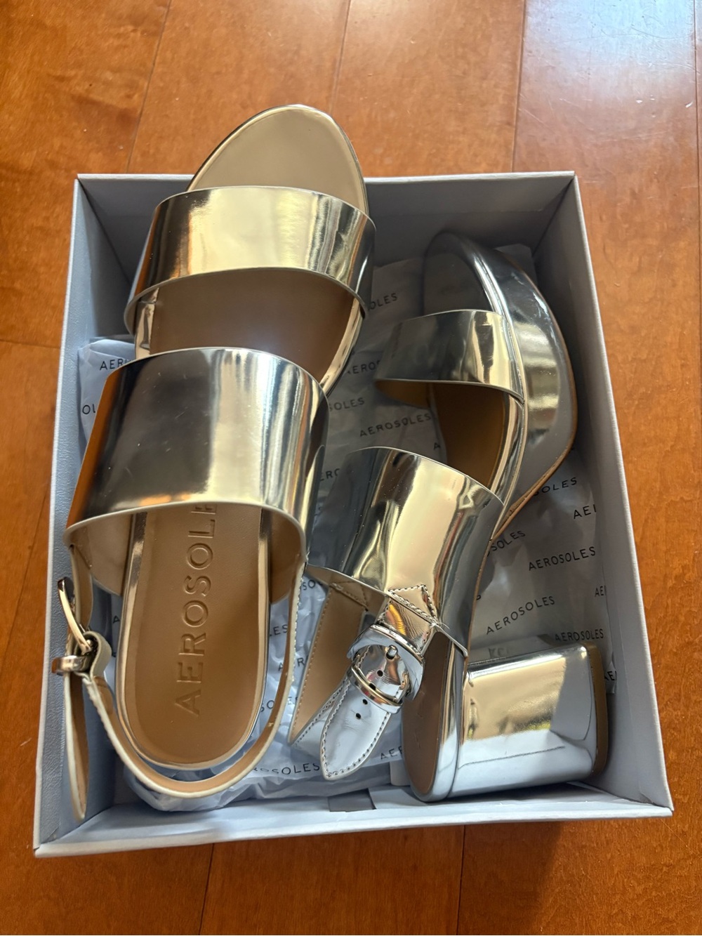 AEROSOLES Silver Wide-Strap Block Heel Sandals